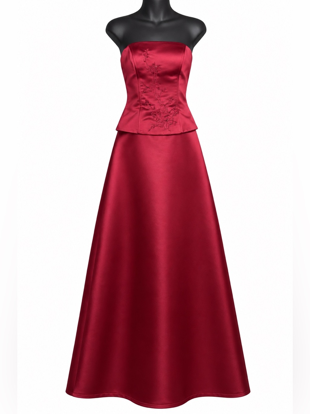 Bella Formal red strapless satin formal gown featuring delicate floral embroider